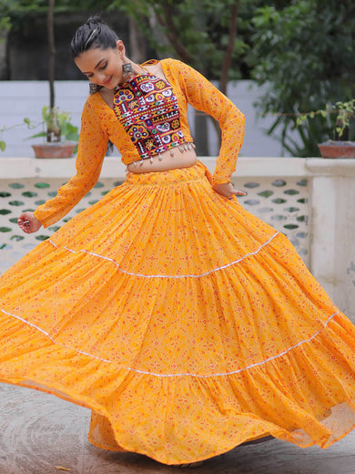 Regal Mustard Yellow Georgette Gamthi Work Crop Top Lehenga